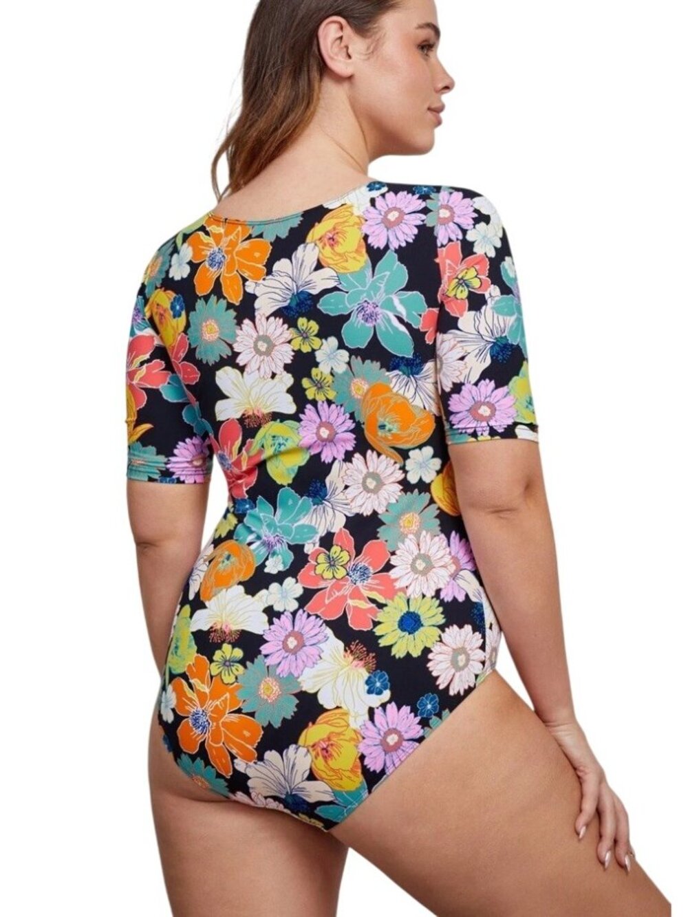 Gottex Modest One-Piece Swimsuit XXL Short Sleeves Round Neck Vibrant Floral NWT - Picture 3 of 15